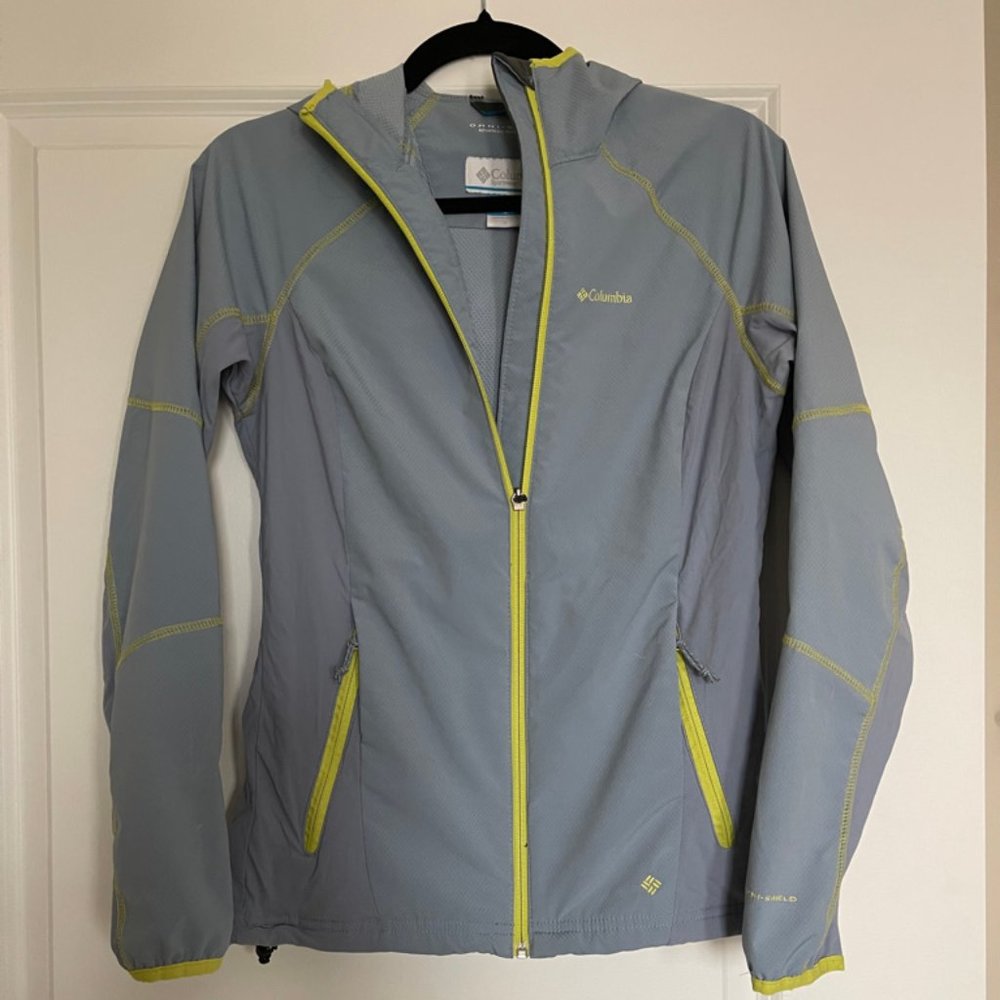 Columbia Blue Zip-Up with Neon Green Stitching